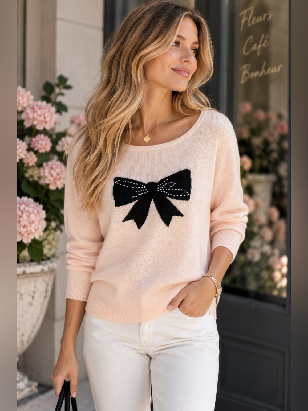 Halogen Wool Cashmere Blend Bow Intarsia Sweater Blush Pink Black Size SP